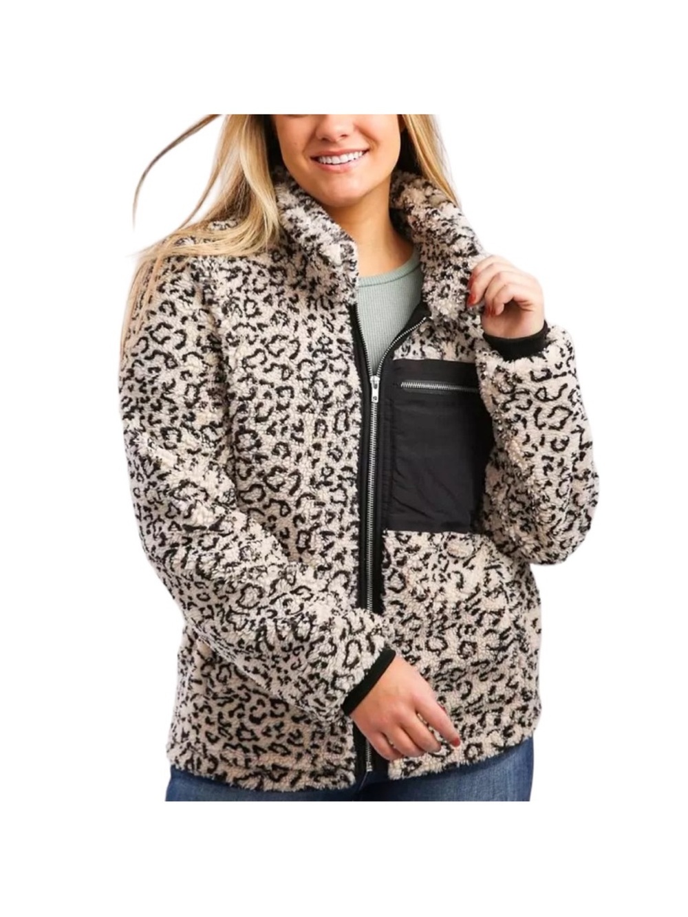 KanCan Cream and Black Leopard Sherpa Jacket Full Zip. Pockets. Womens Size S